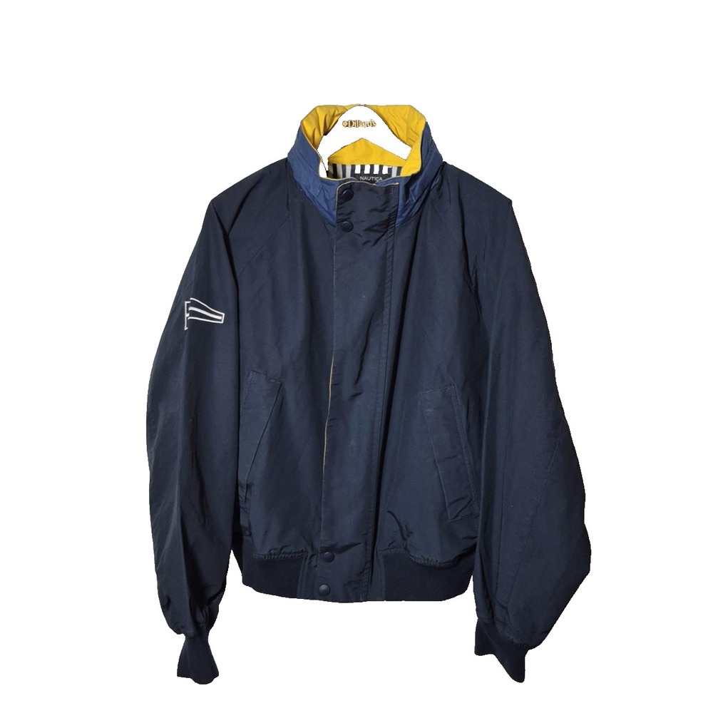 Nautica Hooded Bomber Jacket Mens Large Navy Zip Snap Lined Logo